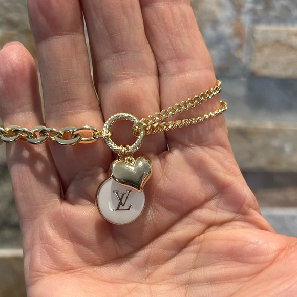 Gold Chain Bracelet with White LV skittle & Heart Charm - Picture 2 of 3